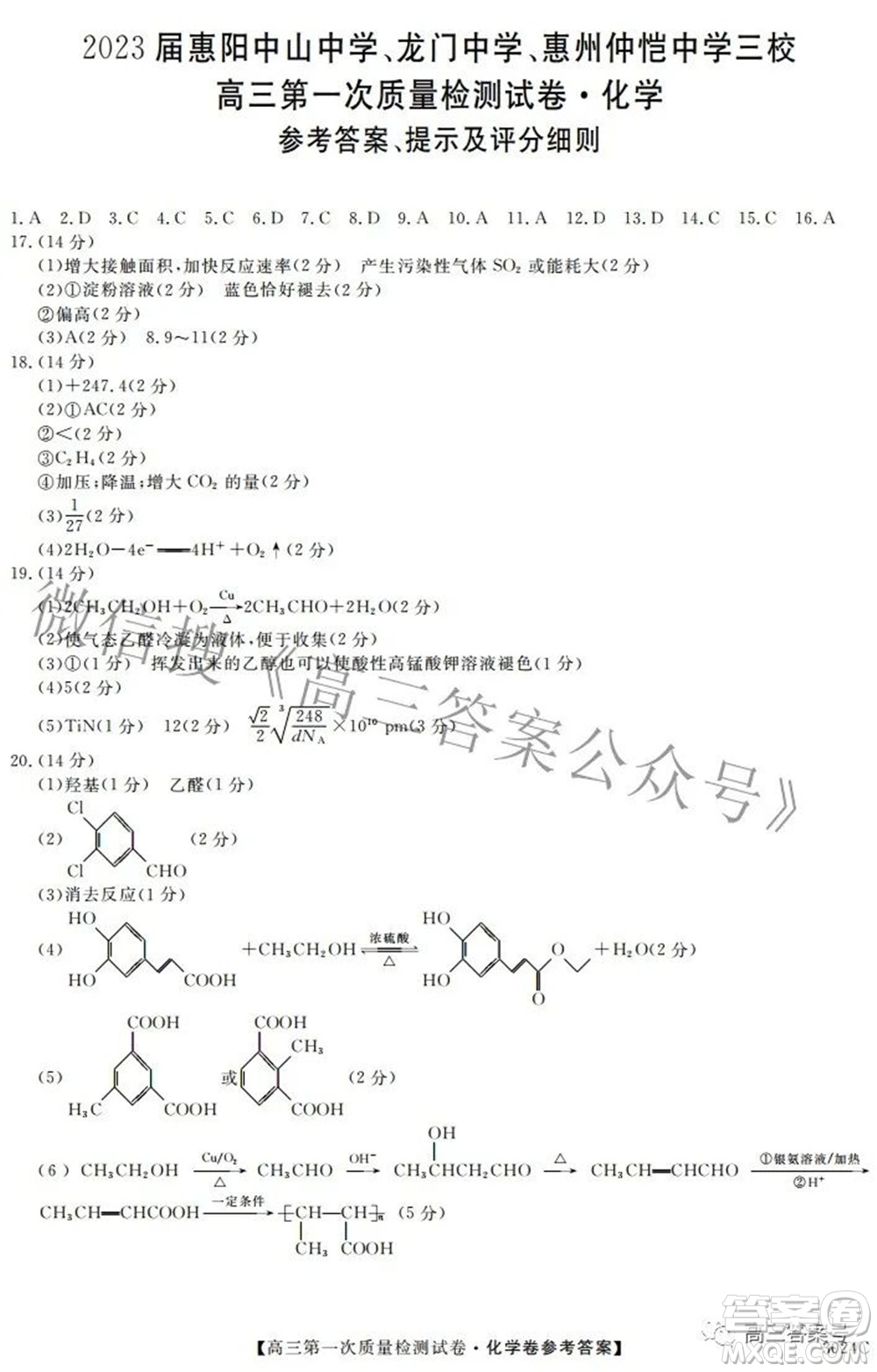 2023屆惠陽中山龍門中學(xué)惠舟仲愷中學(xué)三校高三第一次質(zhì)量檢測試卷化學(xué)試題及答案