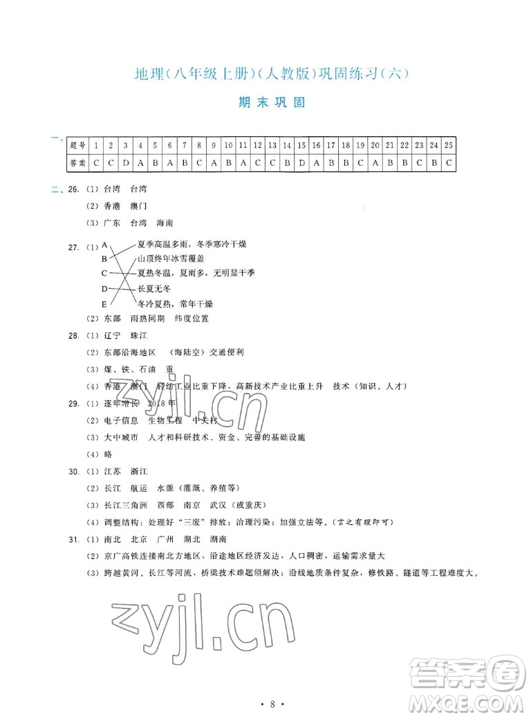 福建人民出版社2022秋頂尖課課練地理八年級(jí)上冊(cè)人教版答案