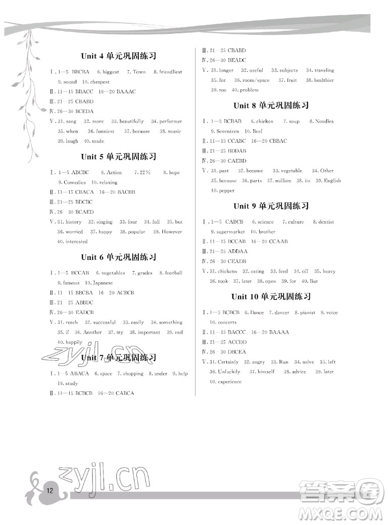 福建人民出版社2022秋頂尖課課練英語八年級上冊人教版答案