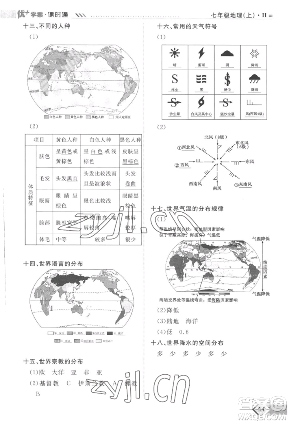 吉林教育出版社2022秋季優(yōu)+學(xué)案課時通七年級上冊地理H版參考答案