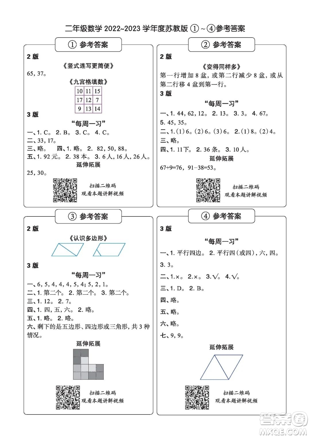 時代學習報數(shù)學周刊二年級2022-2023學年度蘇教版第1-8期參考答案