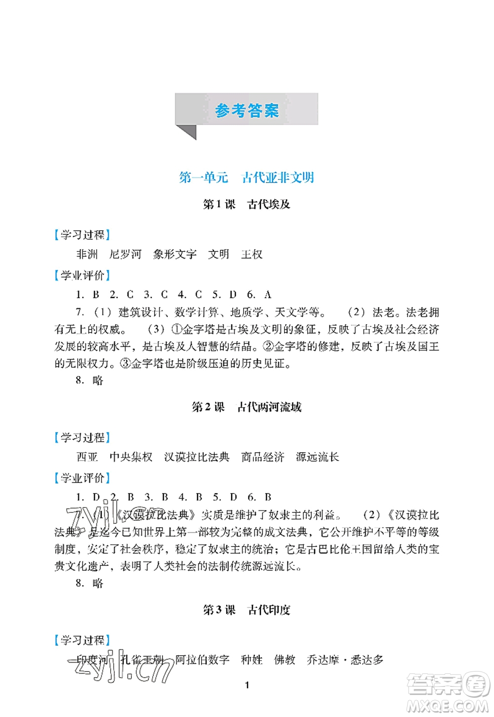 廣州出版社2022陽光學(xué)業(yè)評價九年級歷史上冊人教版答案