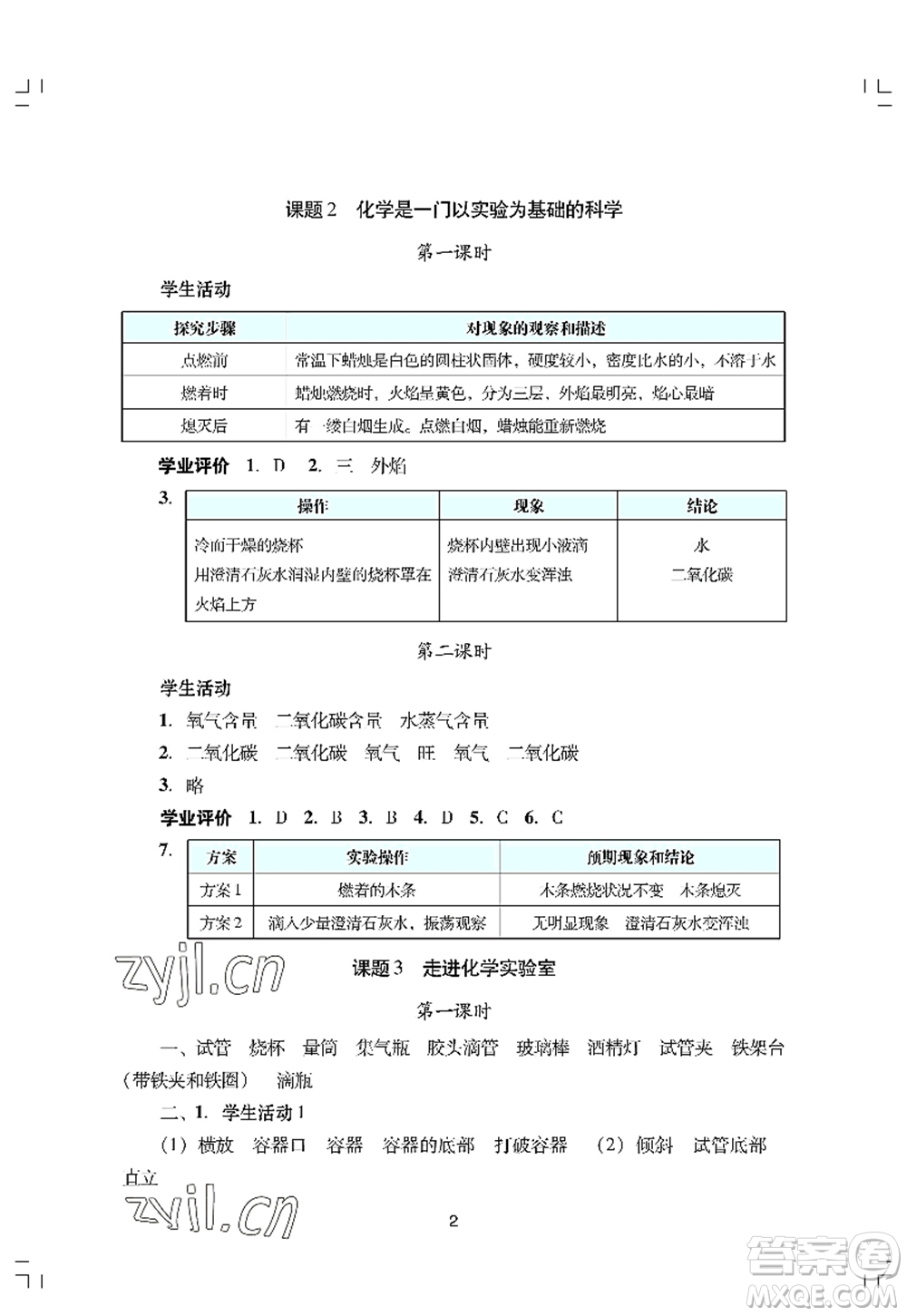 廣州出版社2022陽光學業(yè)評價九年級化學上冊人教版答案