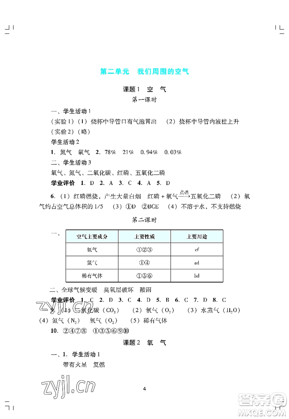 廣州出版社2022陽光學業(yè)評價九年級化學上冊人教版答案