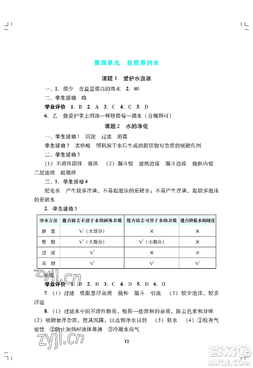 廣州出版社2022陽光學業(yè)評價九年級化學上冊人教版答案