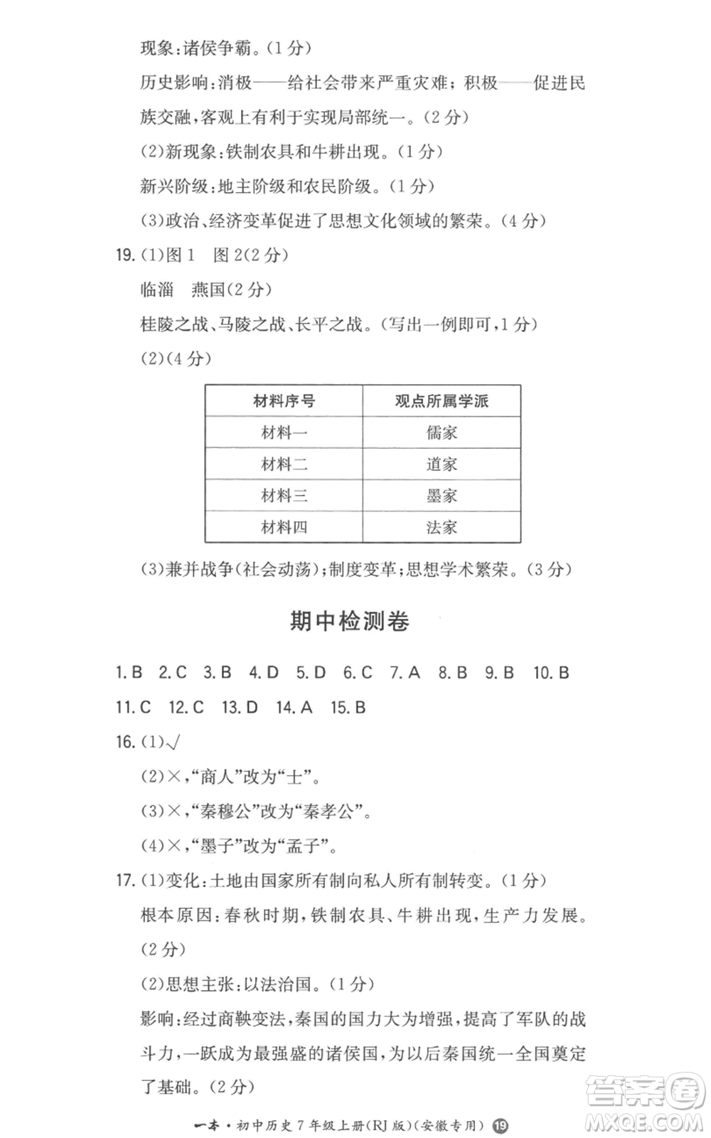 湖南教育出版社2022一本同步訓(xùn)練七年級(jí)上冊(cè)歷史人教版安徽專版參考答案