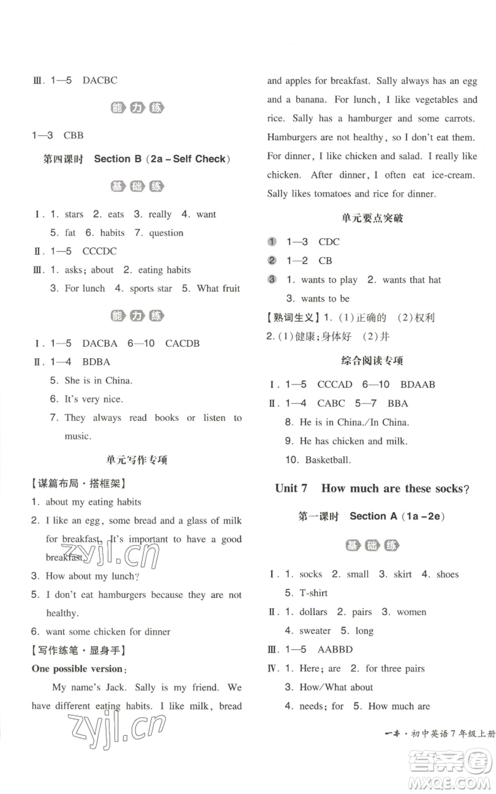 湖南教育出版社2022一本同步訓練七年級上冊英語人教版安徽專版參考答案