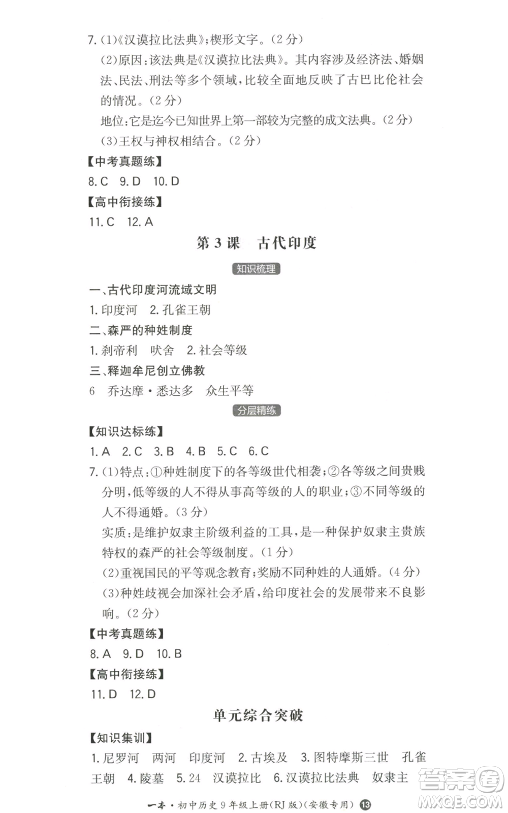 湖南教育出版社2022一本同步訓(xùn)練九年級上冊歷史人教版安徽專版參考答案