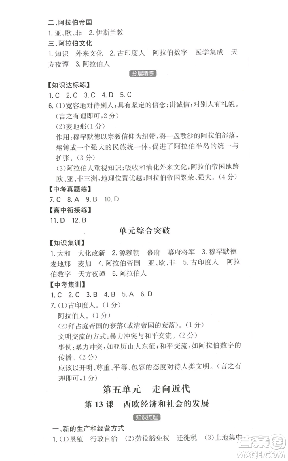 湖南教育出版社2022一本同步訓(xùn)練九年級上冊歷史人教版安徽專版參考答案