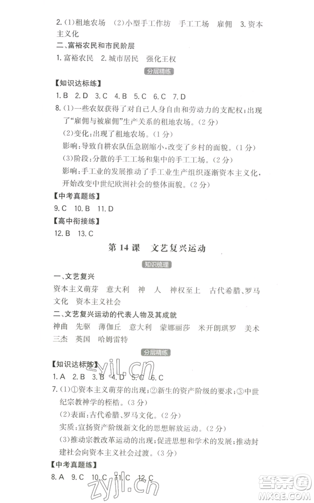 湖南教育出版社2022一本同步訓(xùn)練九年級上冊歷史人教版安徽專版參考答案