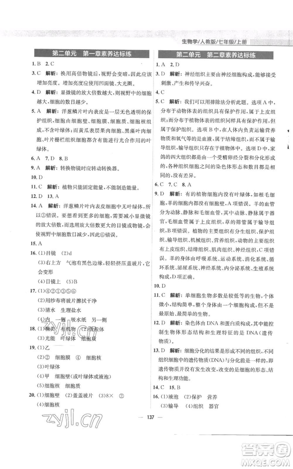 安徽教育出版社2022新編基礎(chǔ)訓(xùn)練七年級(jí)上冊(cè)生物學(xué)人教版參考答案