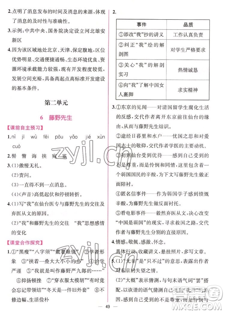 人民教育出版社2022秋同步學(xué)歷案課時練語文八年級上冊人教版答案