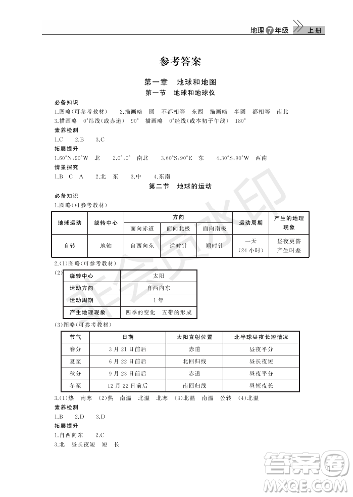 武漢出版社2022智慧學習天天向上課堂作業(yè)七年級地理上冊人教版答案