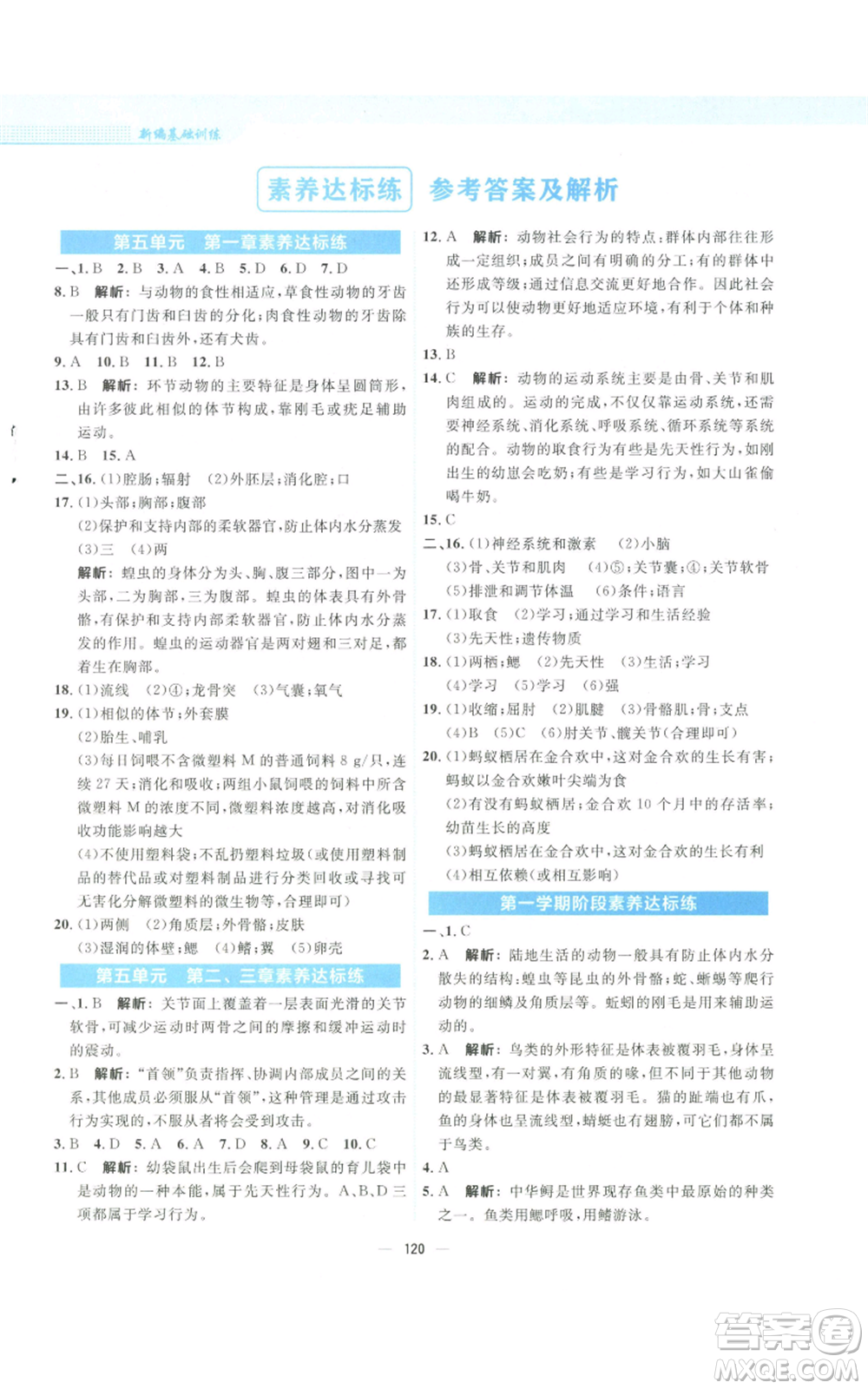 安徽教育出版社2022新編基礎(chǔ)訓(xùn)練八年級上冊生物學(xué)人教版參考答案