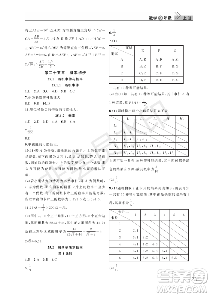 武漢出版社2022智慧學(xué)習(xí)天天向上課堂作業(yè)九年級數(shù)學(xué)上冊人教版答案