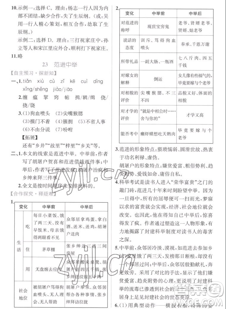 人民教育出版社2022秋同步學(xué)歷案課時(shí)練語文九年級上冊人教版答案