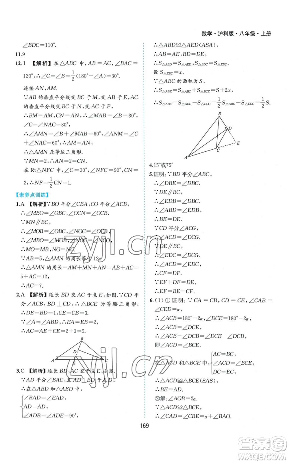 黃山書社2022新編基礎(chǔ)訓(xùn)練八年級(jí)上冊(cè)數(shù)學(xué)滬科版參考答案