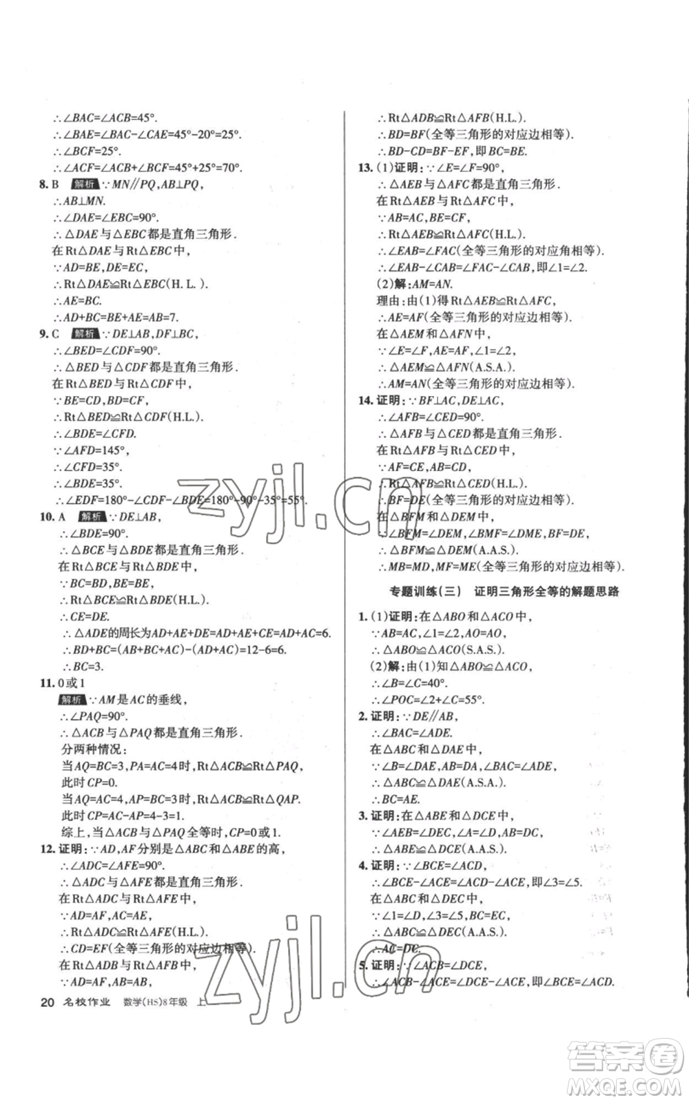 北京教育出版社2022秋季名校作業(yè)八年級上冊數(shù)學(xué)華師大版參考答案