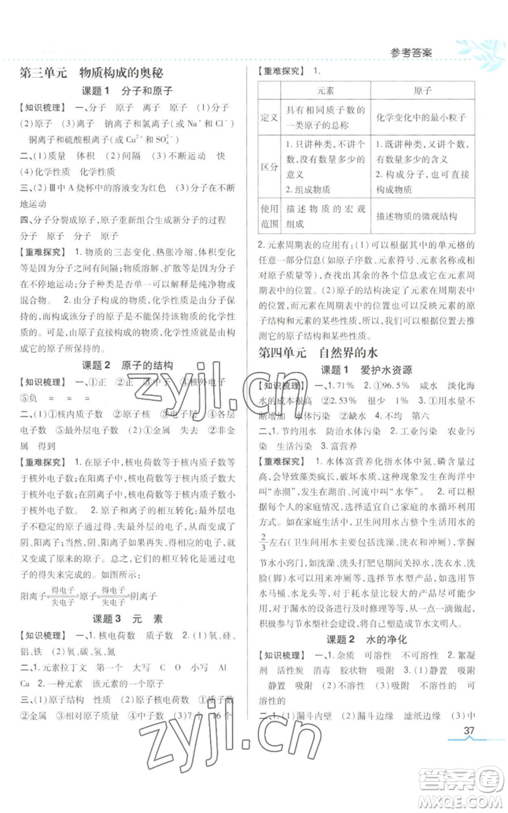 吉林人民出版社2022全科王同步課時練習(xí)九年級上冊化學(xué)人教版參考答案