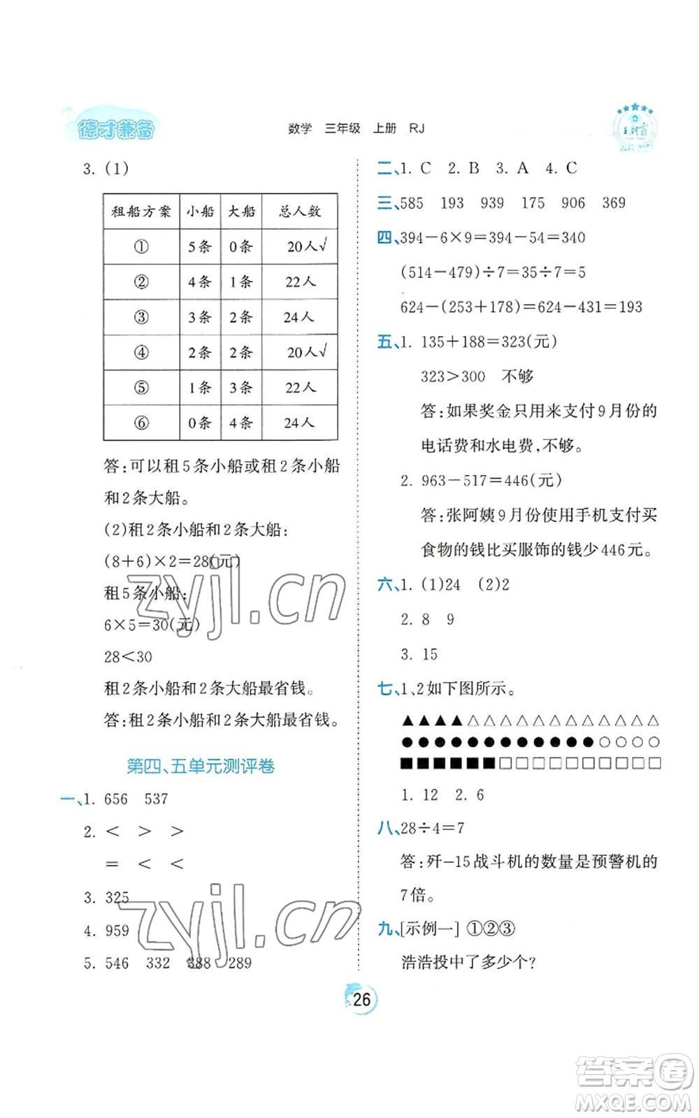 江西人民出版社2022王朝霞德才兼?zhèn)渥鳂I(yè)創(chuàng)新設(shè)計三年級上冊數(shù)學(xué)人教版參考答案