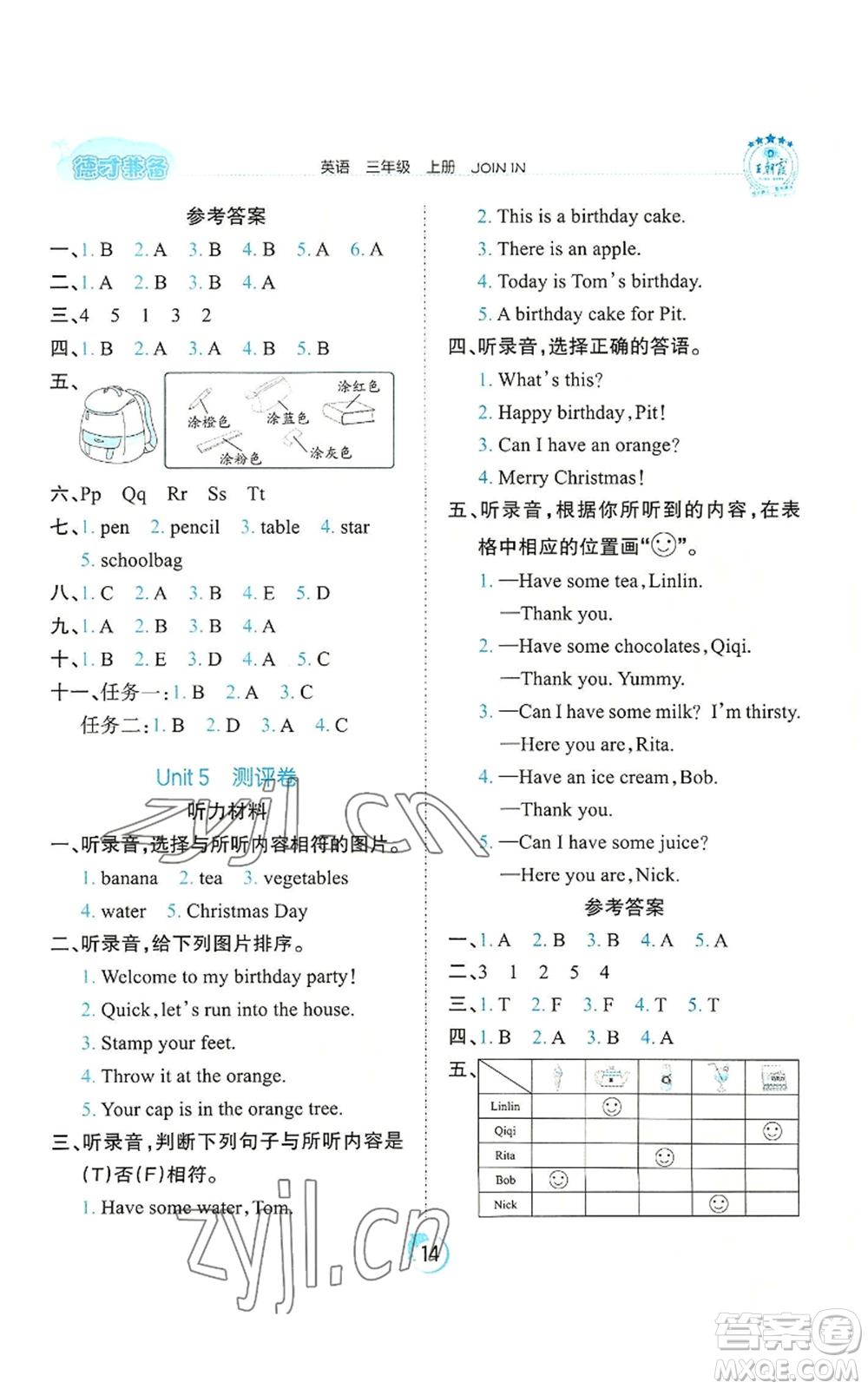 江西人民出版社2022王朝霞德才兼?zhèn)渥鳂I(yè)創(chuàng)新設(shè)計(jì)三年級(jí)上冊(cè)英語劍橋版參考答案