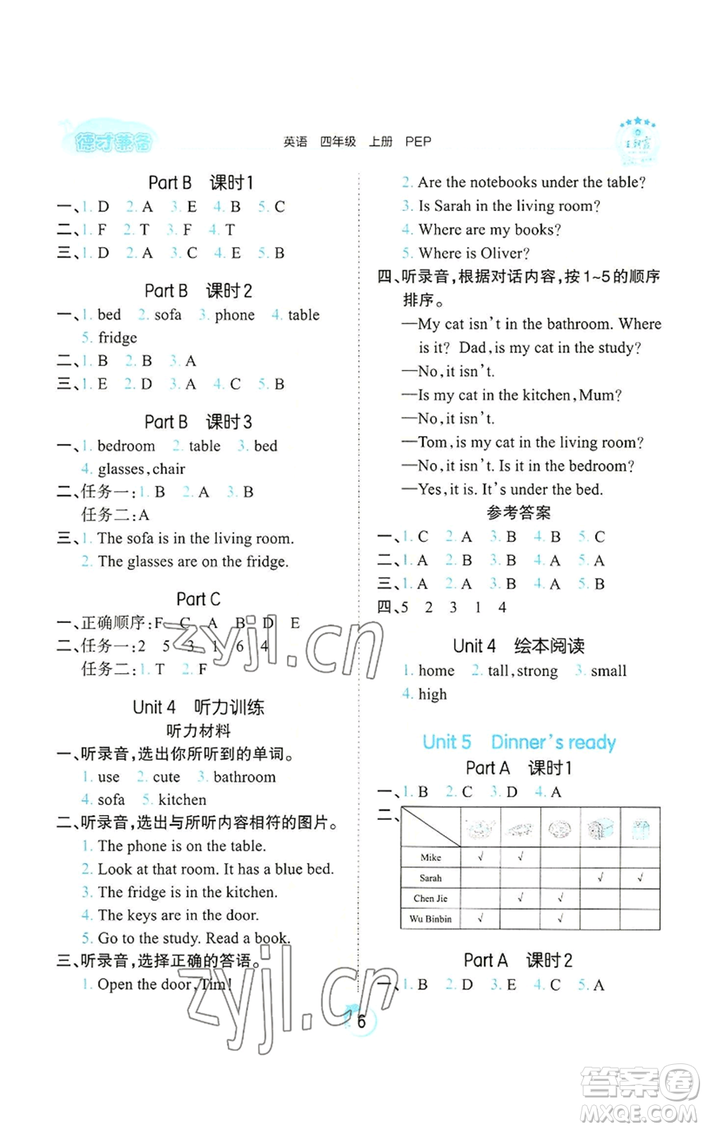 江西人民出版社2022王朝霞德才兼?zhèn)渥鳂I(yè)創(chuàng)新設(shè)計(jì)四年級(jí)上冊(cè)英語(yǔ)人教版參考答案