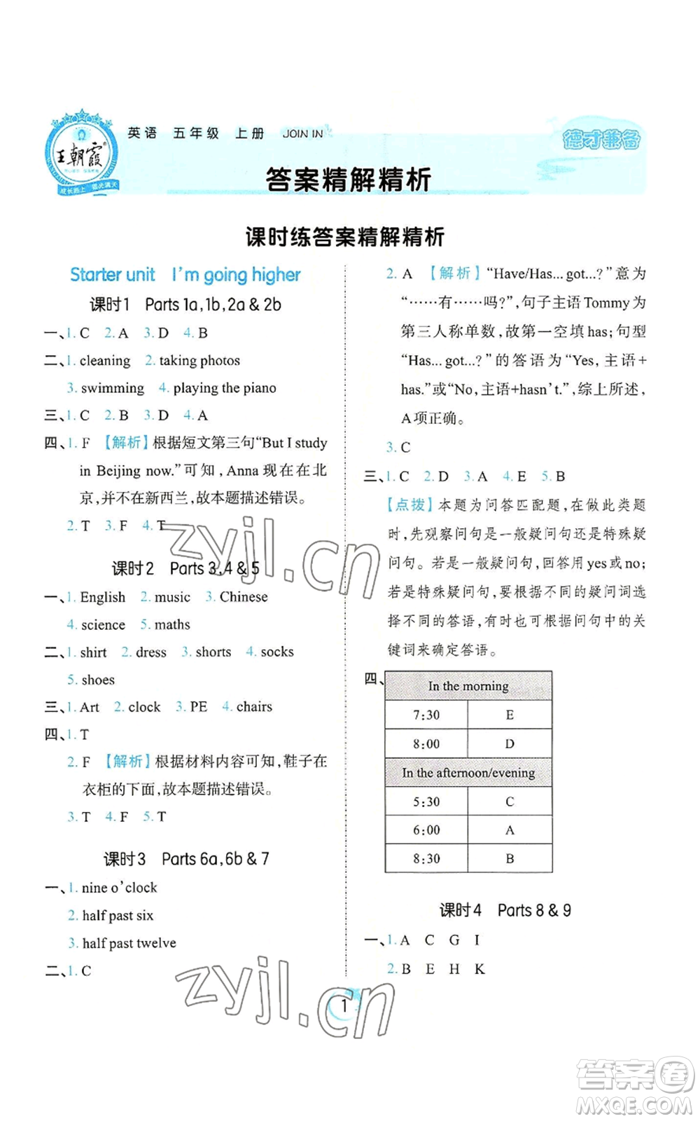 江西人民出版社2022王朝霞德才兼?zhèn)渥鳂I(yè)創(chuàng)新設(shè)計五年級上冊英語劍橋版參考答案