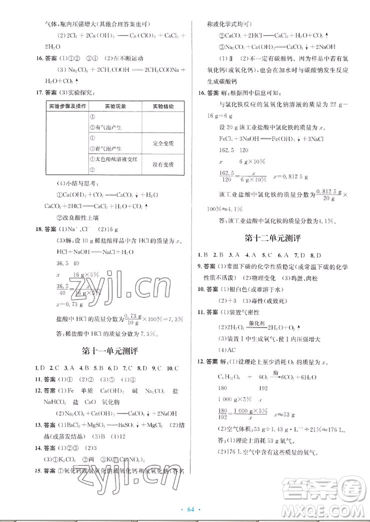 人民教育出版社2022秋初中同步測控優(yōu)化設(shè)計(jì)化學(xué)九年級(jí)全一冊福建專版答案