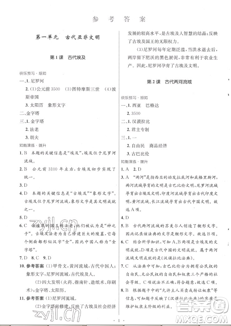 人民教育出版社2022秋初中同步測控優(yōu)化設(shè)計世界歷史九年級上冊福建專版答案