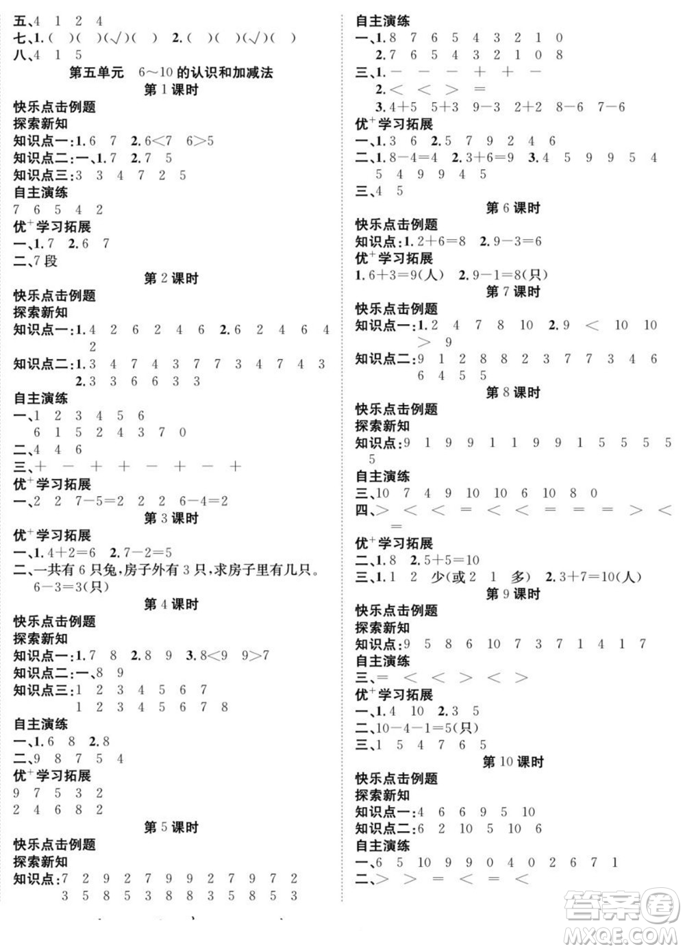 合肥工業(yè)大學(xué)出版社2022快樂學(xué)習(xí)隨堂練數(shù)學(xué)一年級上冊RJ人教版答案