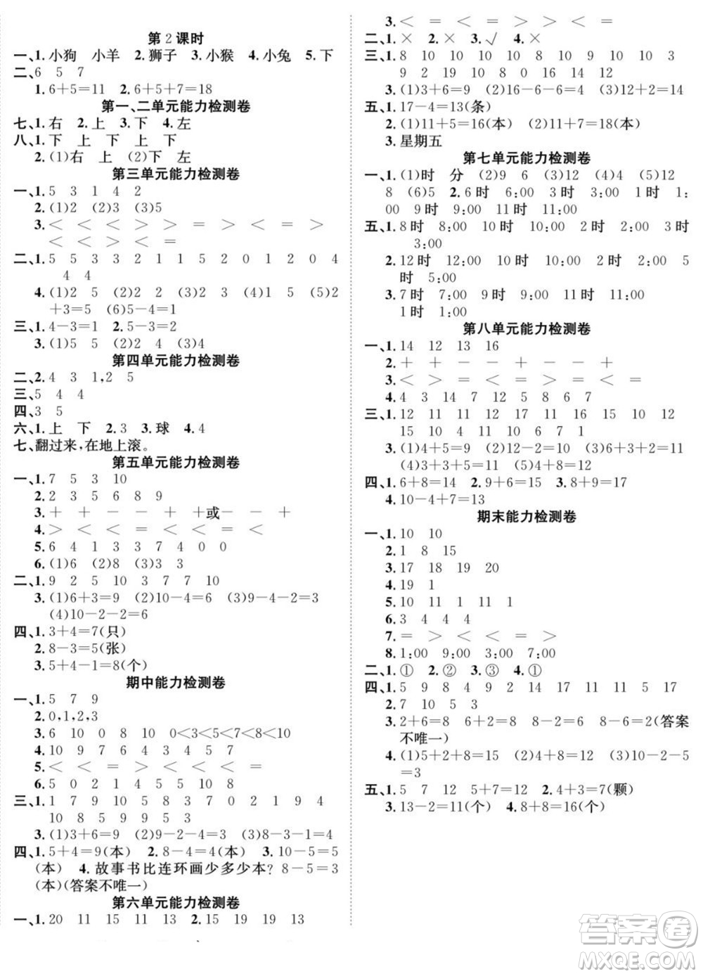 合肥工業(yè)大學(xué)出版社2022快樂學(xué)習(xí)隨堂練數(shù)學(xué)一年級上冊RJ人教版答案