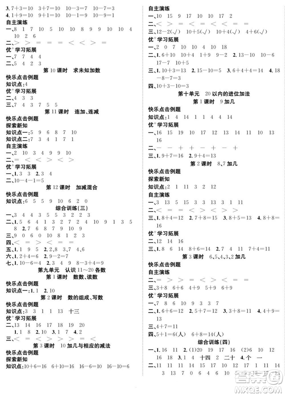 合肥工業(yè)大學(xué)出版社2022快樂學(xué)習(xí)隨堂練數(shù)學(xué)一年級(jí)上冊(cè)SJ蘇教版答案