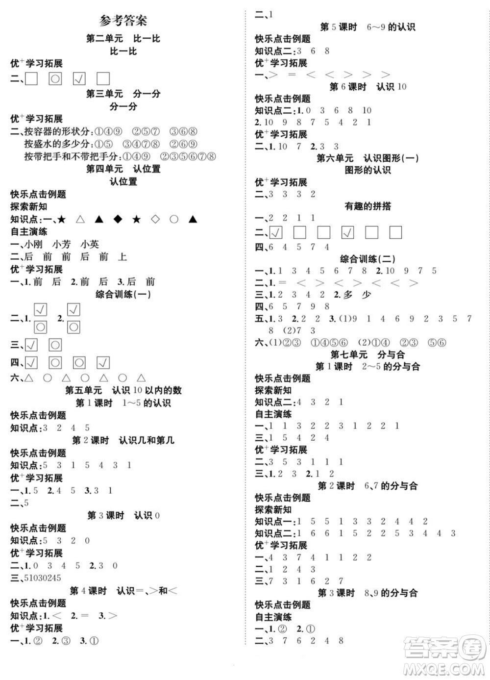 合肥工業(yè)大學(xué)出版社2022快樂學(xué)習(xí)隨堂練數(shù)學(xué)一年級(jí)上冊(cè)SJ蘇教版答案