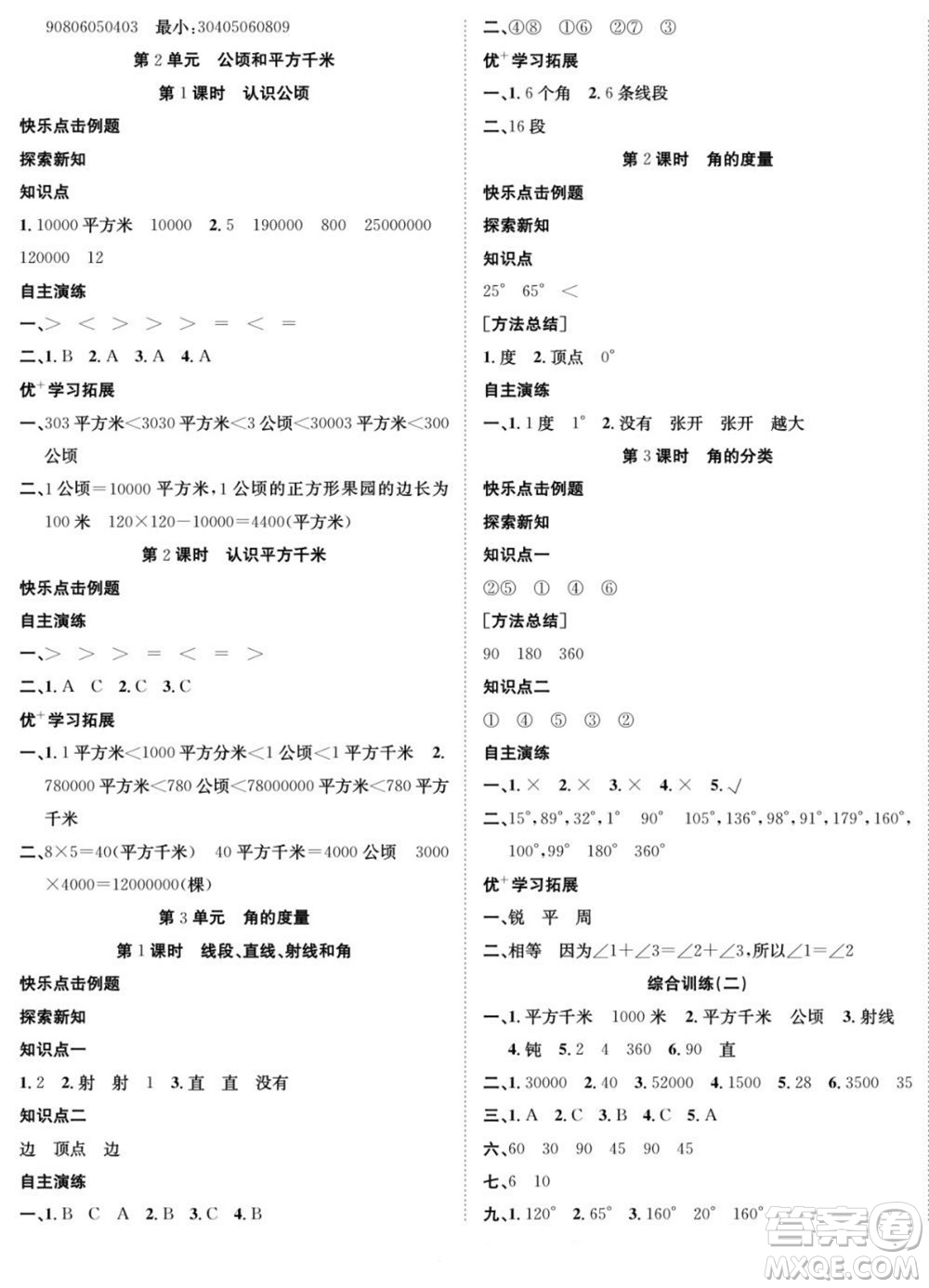 合肥工業(yè)大學(xué)出版社2022快樂學(xué)習(xí)隨堂練數(shù)學(xué)四年級(jí)上冊(cè)RJ人教版答案