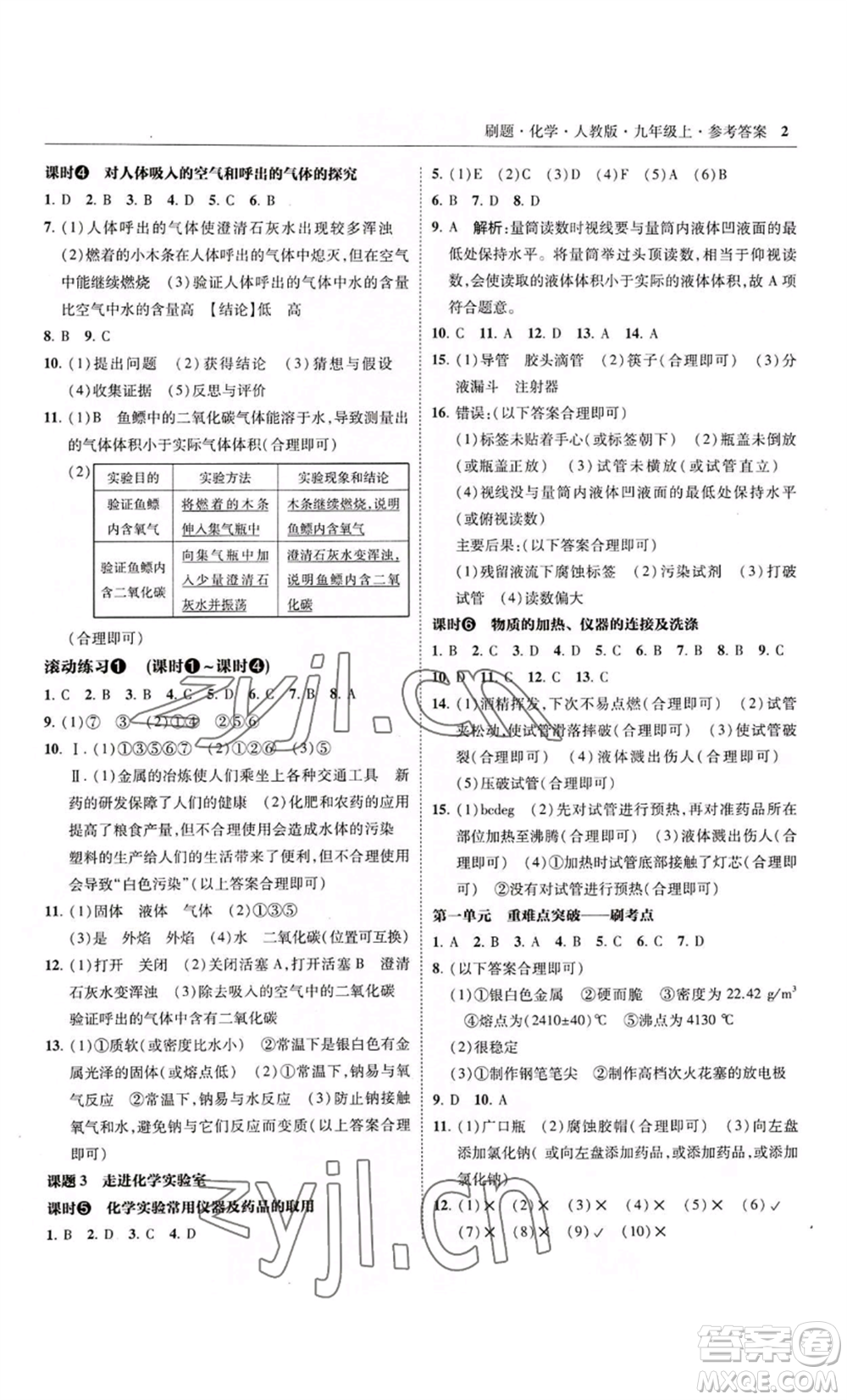 東北師范大學出版社2022北大綠卡刷題九年級上冊化學人教版參考答案