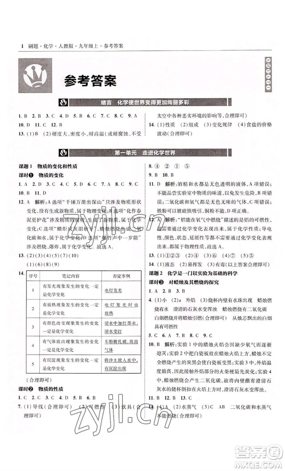 東北師范大學出版社2022北大綠卡刷題九年級上冊化學人教版參考答案