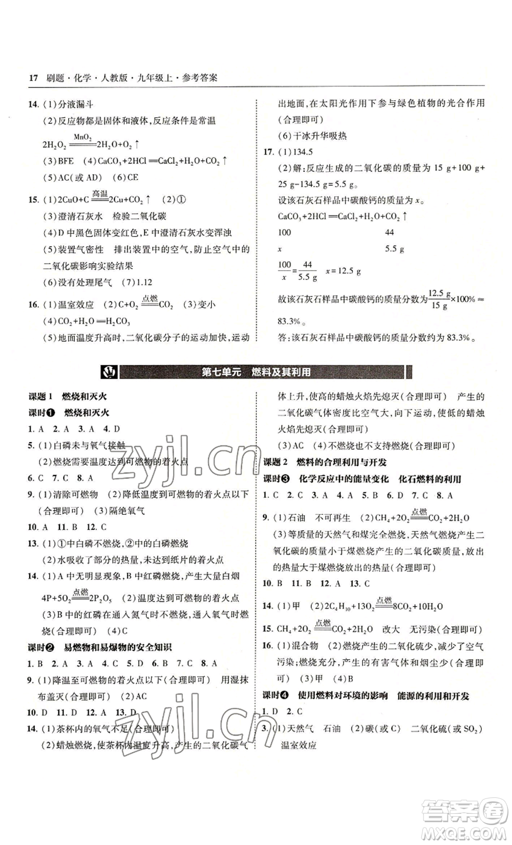 東北師范大學出版社2022北大綠卡刷題九年級上冊化學人教版參考答案