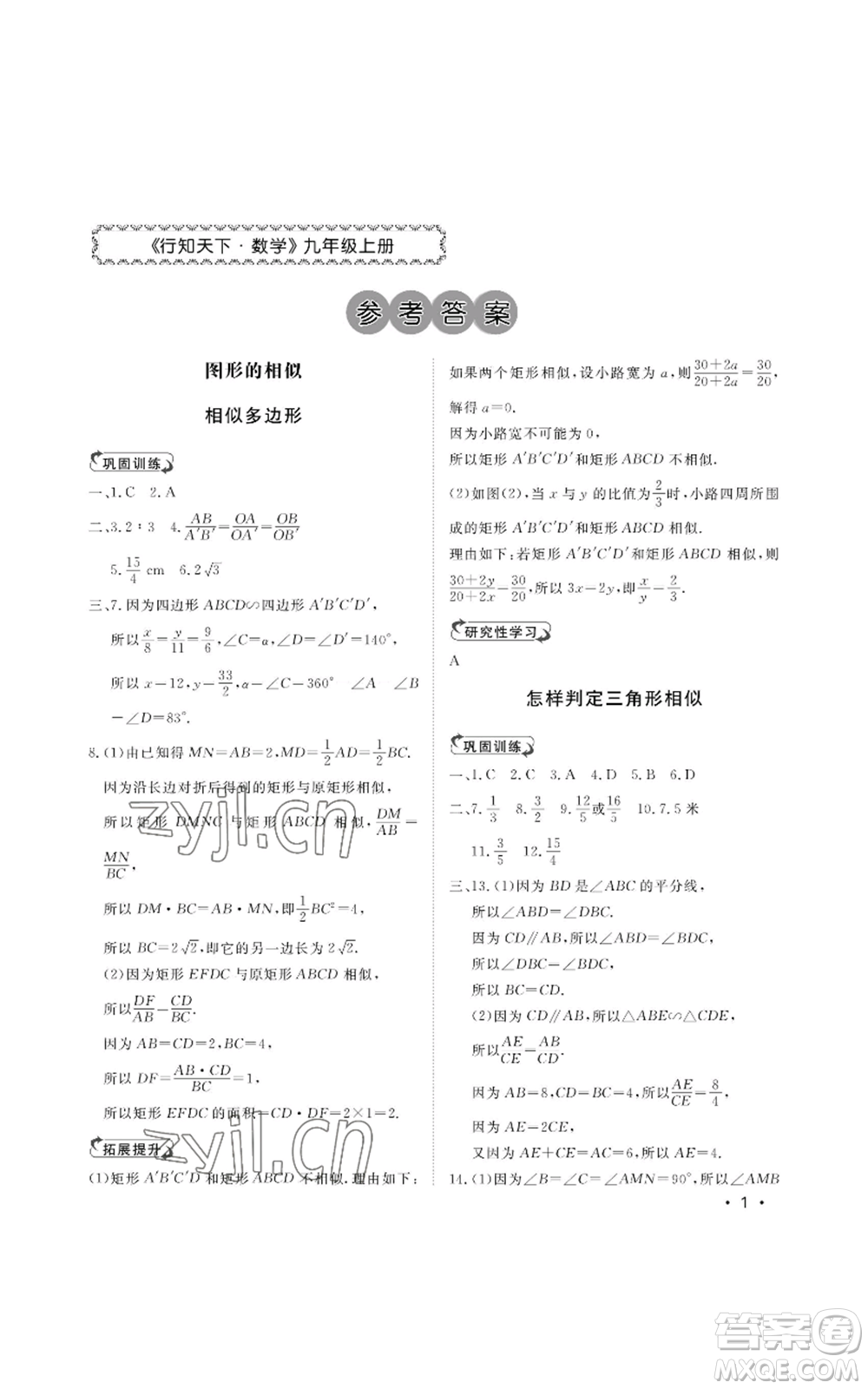 山東人民出版社2022初中卷行知天下九年級上冊數(shù)學(xué)青島版參考答案