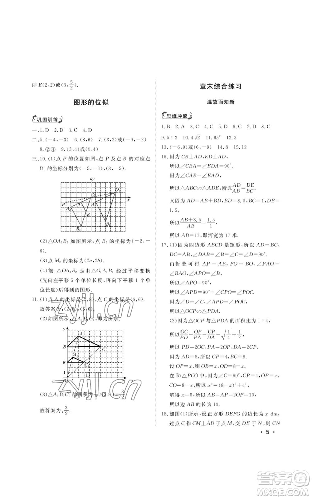 山東人民出版社2022初中卷行知天下九年級上冊數(shù)學(xué)青島版參考答案