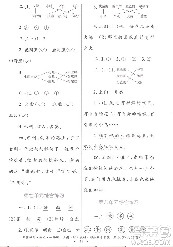 貴州民族出版社2022課堂練習(xí)一年級上冊語文人教版答案