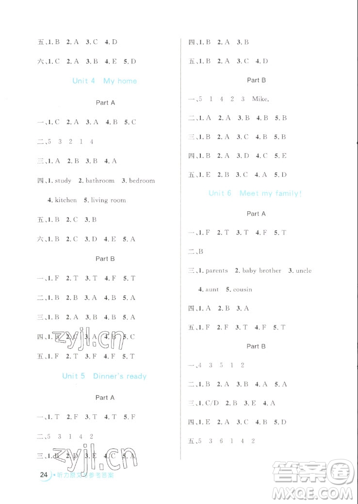 沈陽(yáng)出版社2022秋黃岡名卷四年級(jí)上冊(cè)英語(yǔ)人教版參考答案