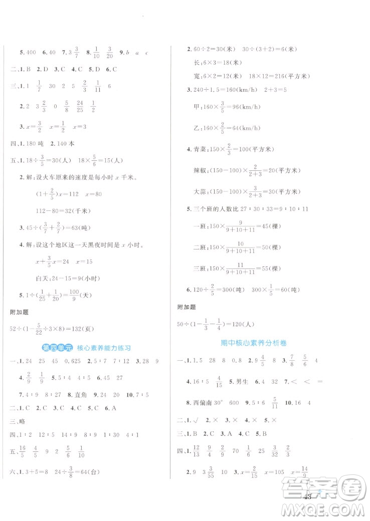 沈陽(yáng)出版社2022秋黃岡名卷六年級(jí)上冊(cè)數(shù)學(xué)人教版參考答案