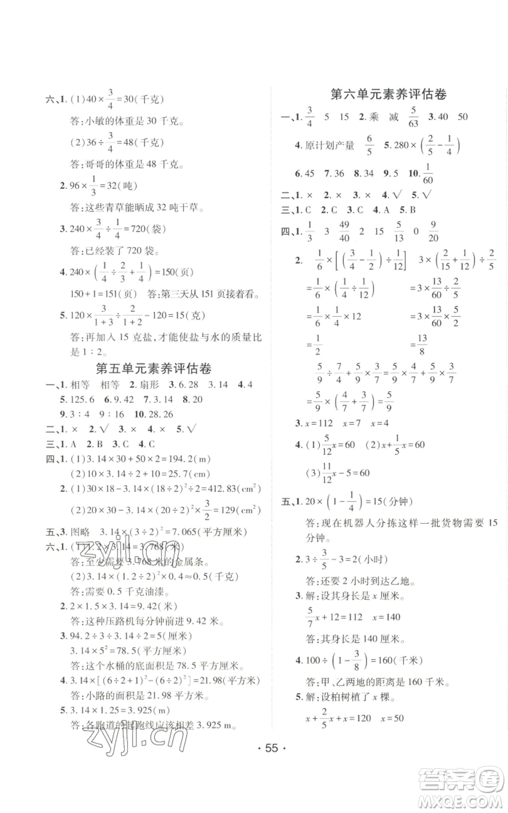 新疆青少年出版社2022同行課課100分過關(guān)作業(yè)六年級(jí)上冊(cè)數(shù)學(xué)青島版參考答案