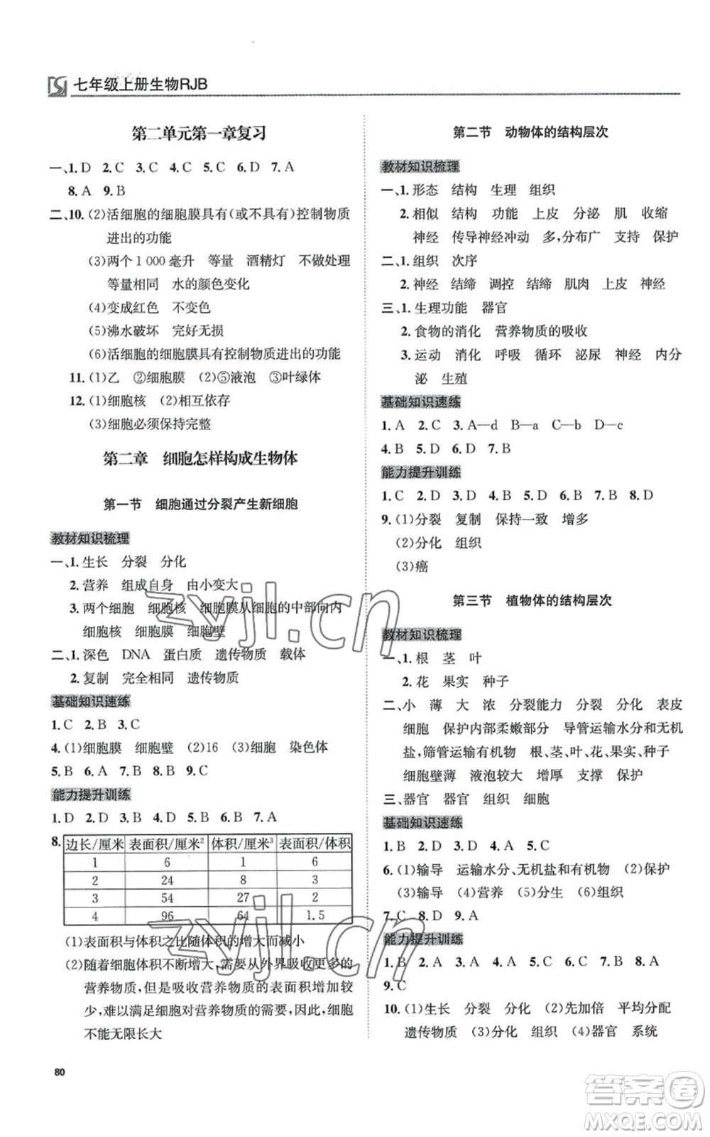 延邊教育出版社2022高效通教材精析精練七年級(jí)上冊(cè)生物人教版參考答案