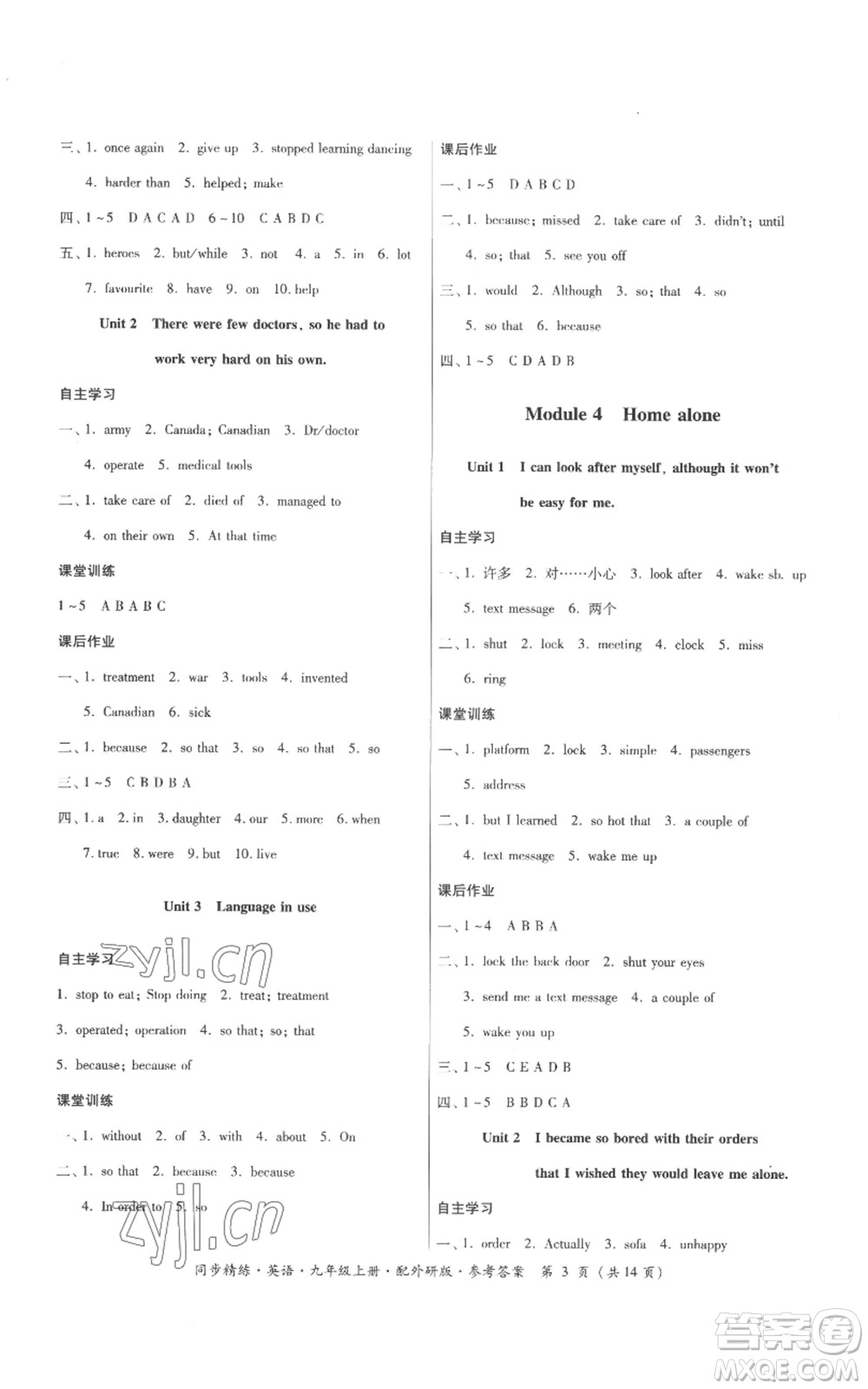 廣東人民出版社2022同步精練九年級上冊英語外研版參考答案