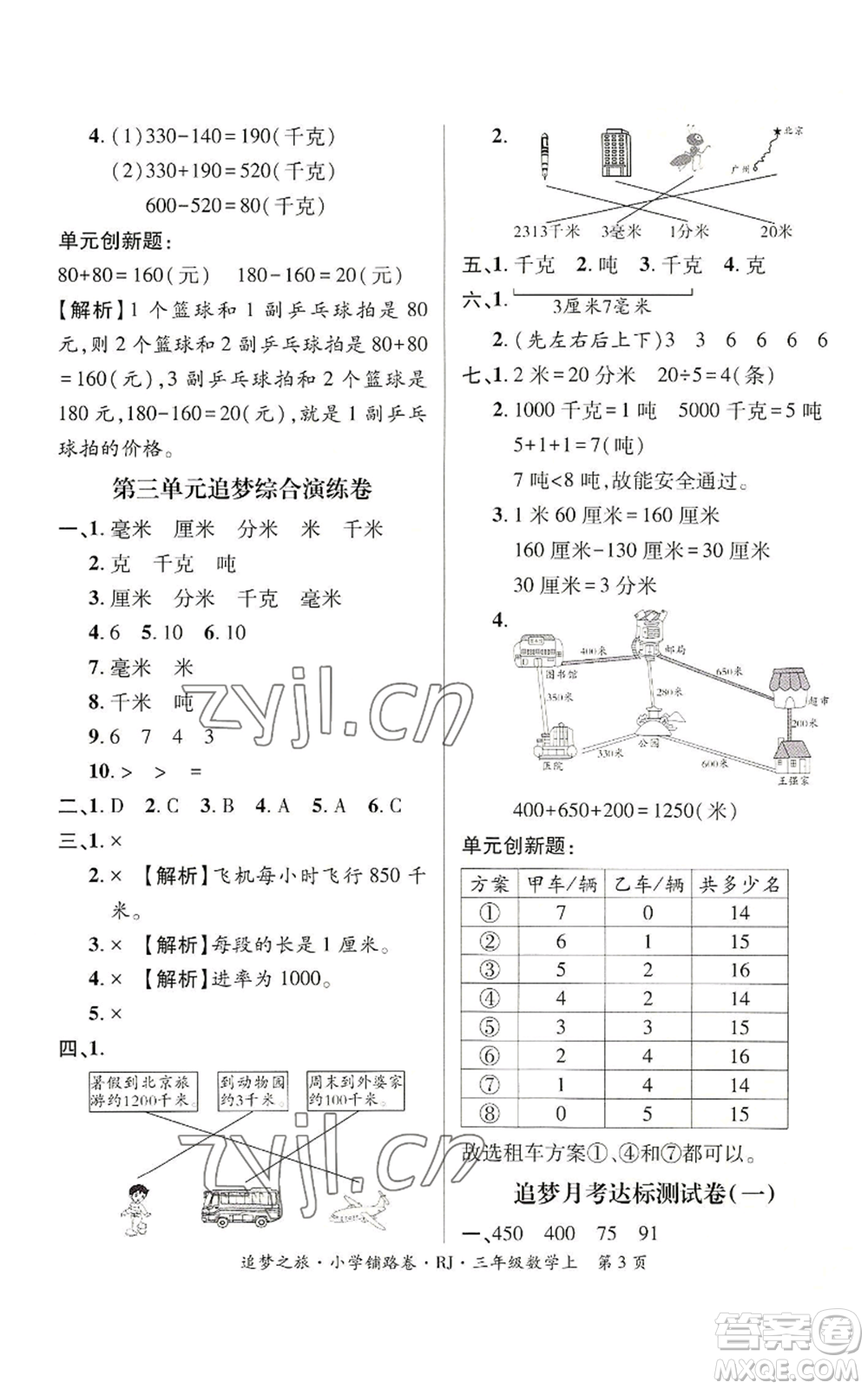 天津科學(xué)技術(shù)出版社2022追夢之旅鋪路卷三年級(jí)上冊(cè)數(shù)學(xué)人教版河南專版參考答案