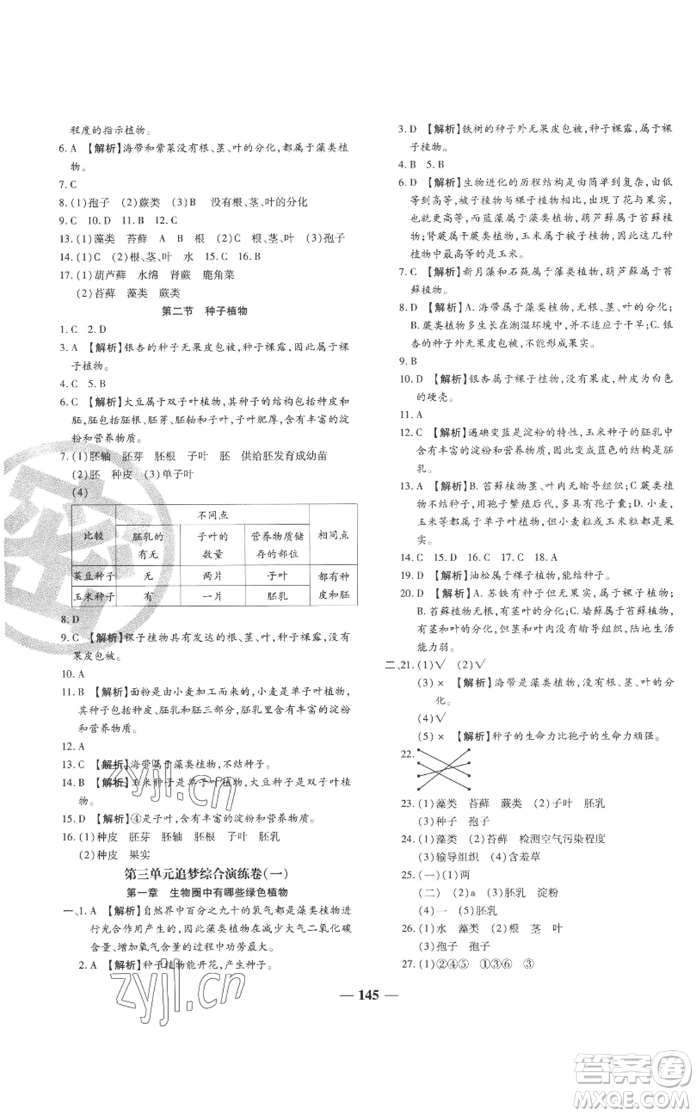 天津科學技術(shù)出版社2022追夢之旅鋪路卷七年級上冊生物人教版河南專版參考答案