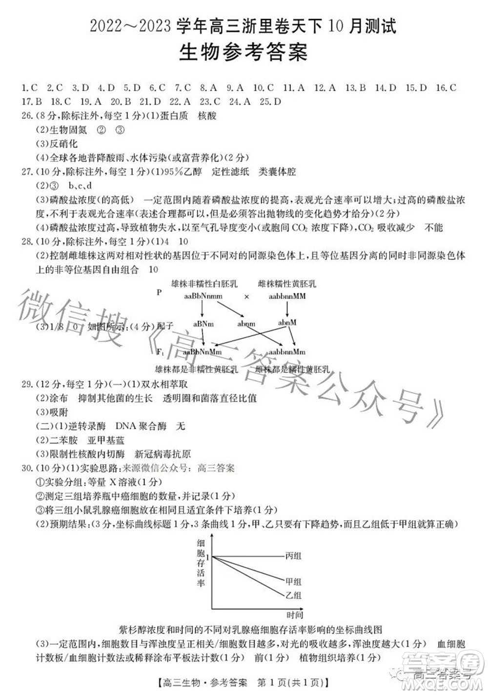 2022-2023學(xué)年高三浙里卷天下10月測(cè)試生物試題及答案