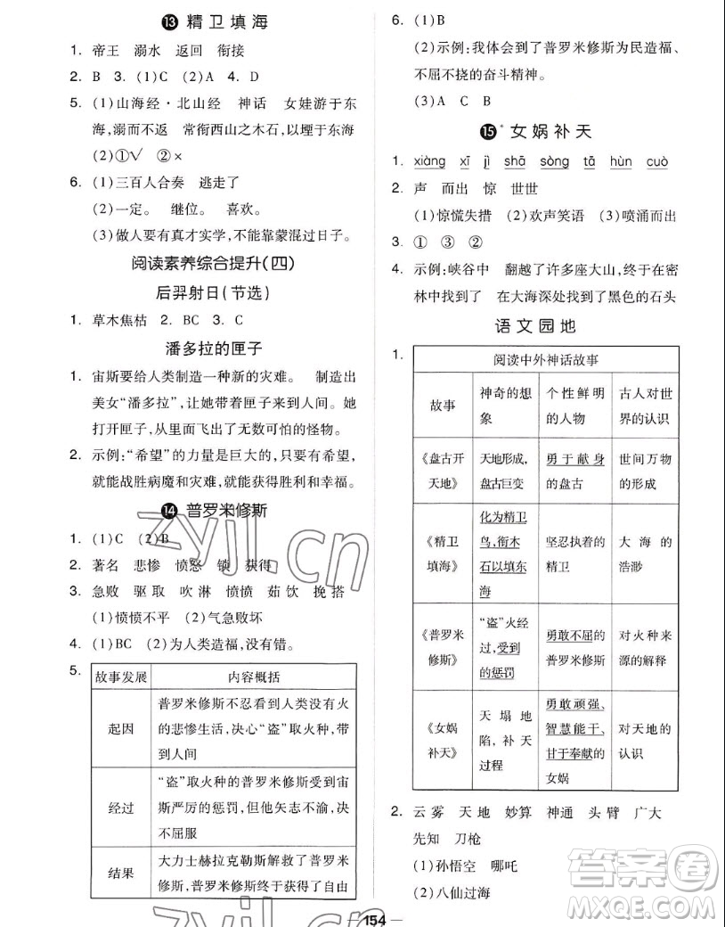 山東科學技術出版社2022秋新思維伴你學四年級上冊語文人教版答案