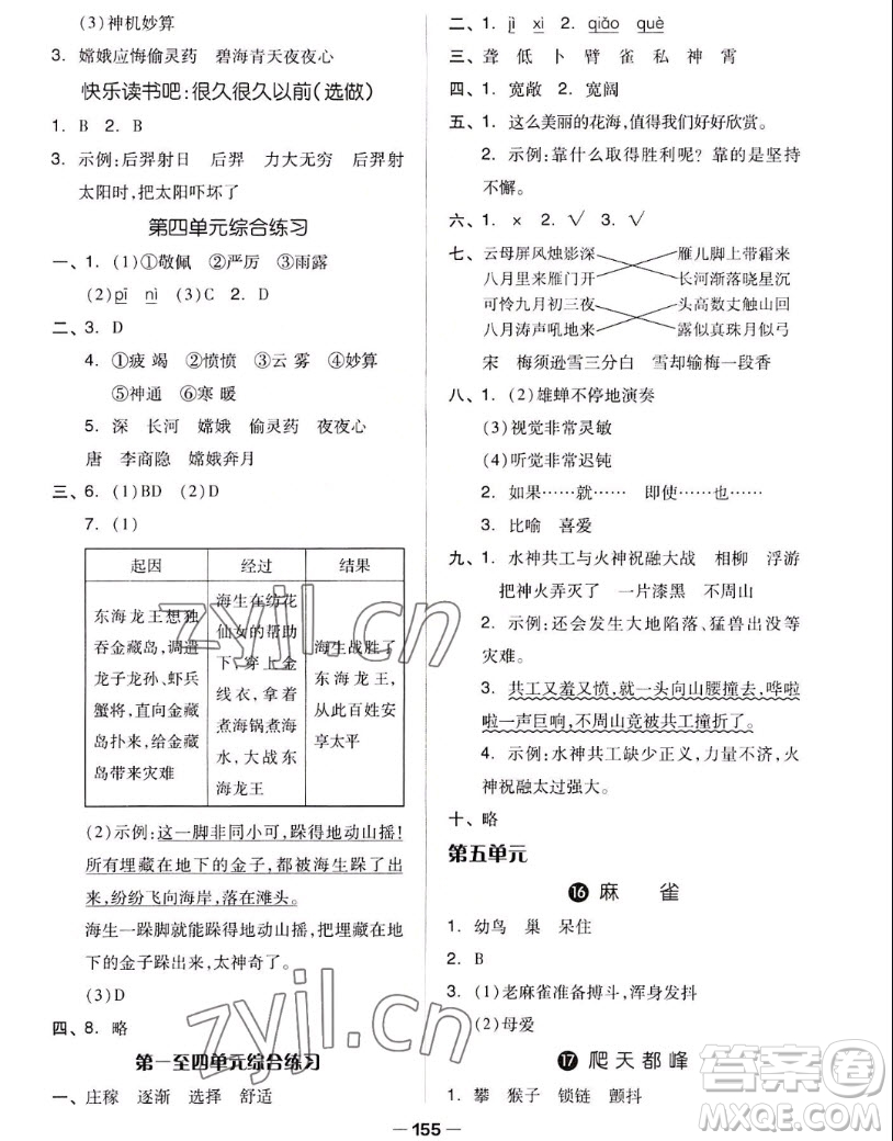 山東科學技術出版社2022秋新思維伴你學四年級上冊語文人教版答案